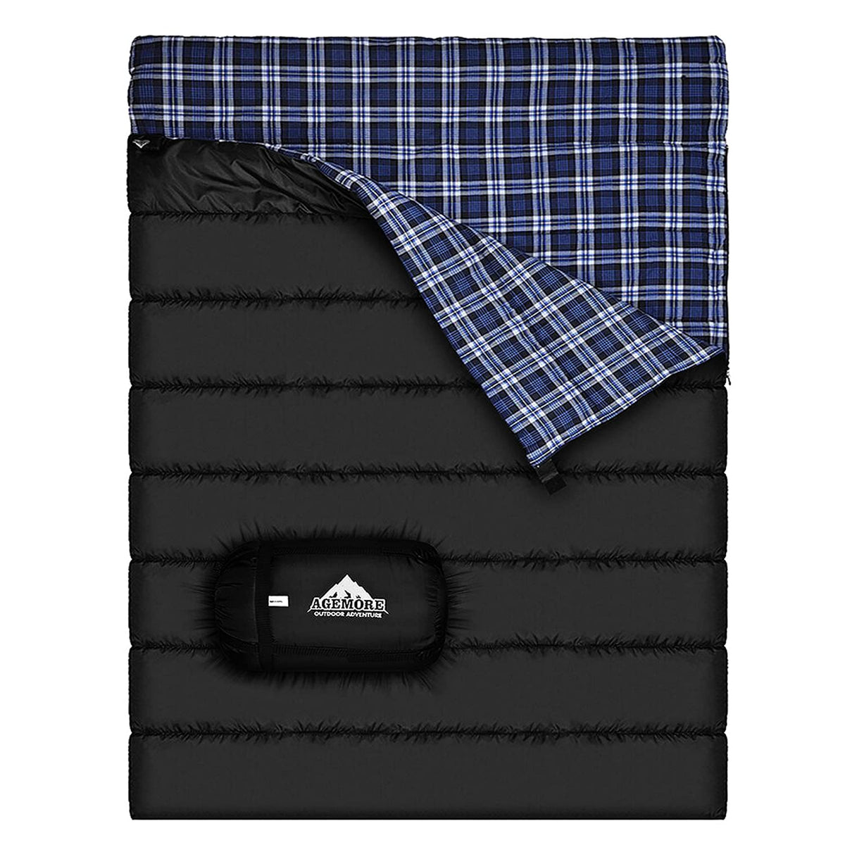 AGEMORE cotton flannel double bag closed shows warm, snug two-person camping comfort.