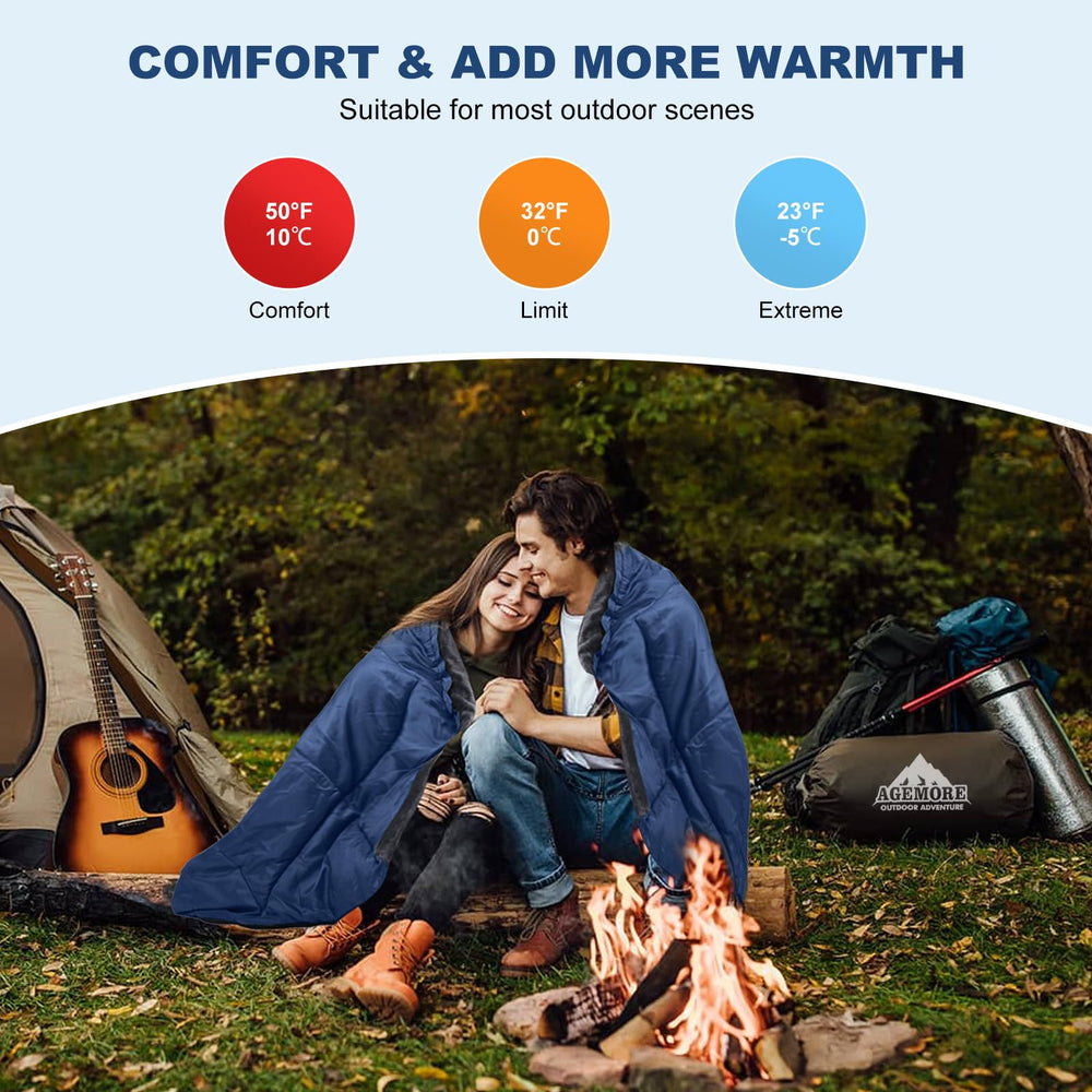 AGEMORE bag opened as blanket offers extra-large warmth for sharing.