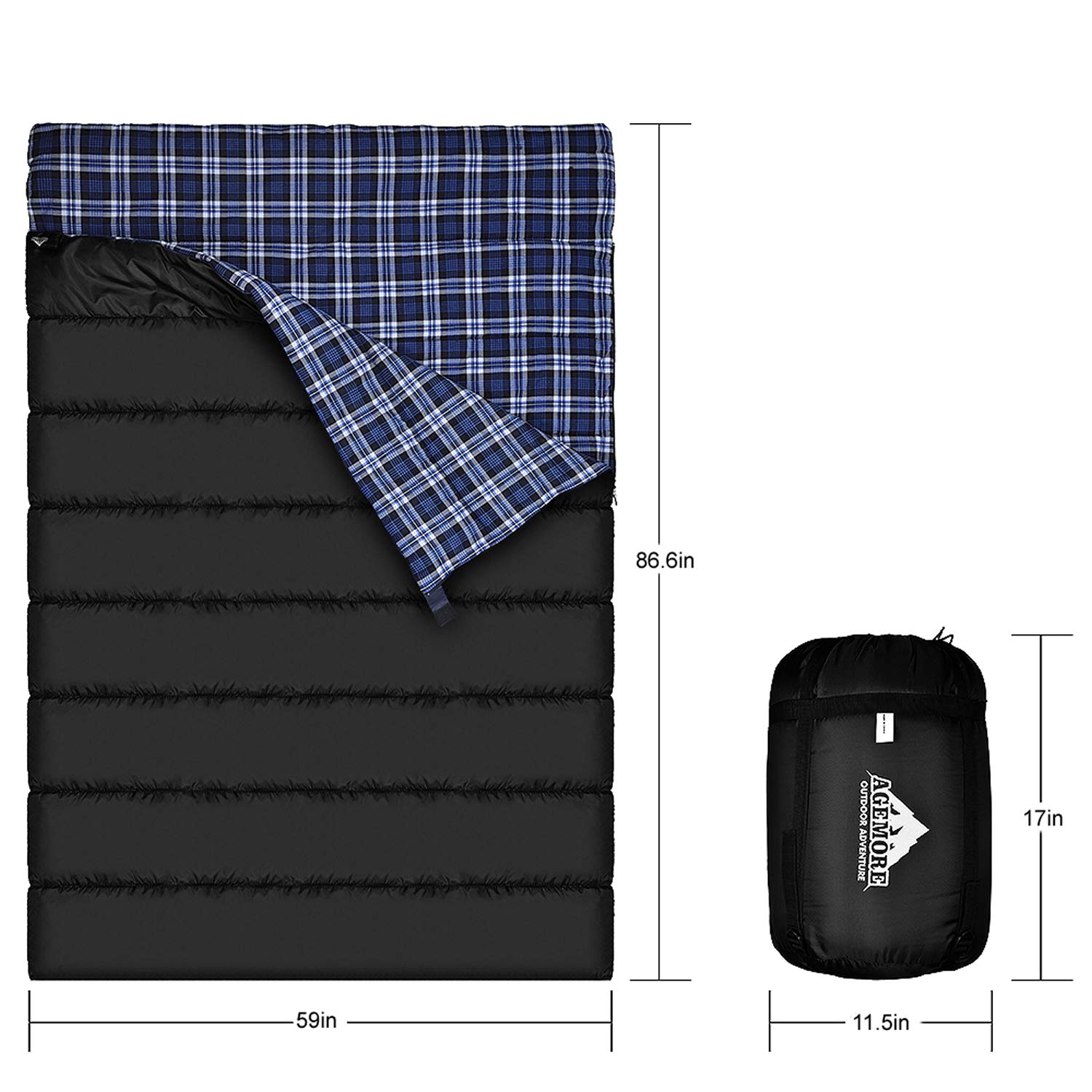AGEMORE queen-size sleeping bag measures 59 by 86 inches for tall campers.