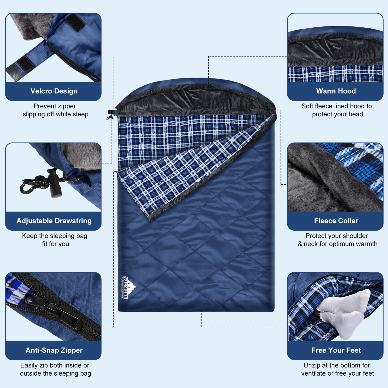 AGEMORE sleeping bag unzip-into-two-single-bags for versatile use.