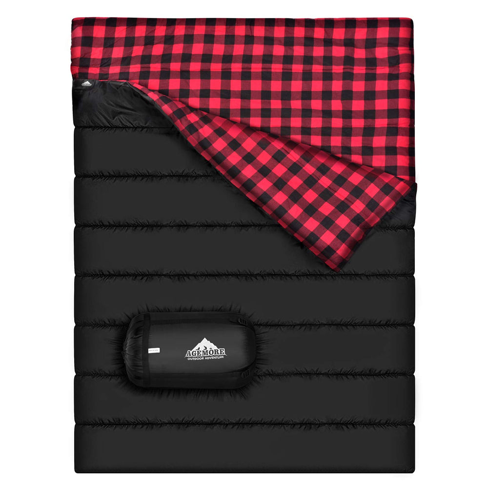 AGEMORE cotton flannel double sleeping bag campsite setup for two campers