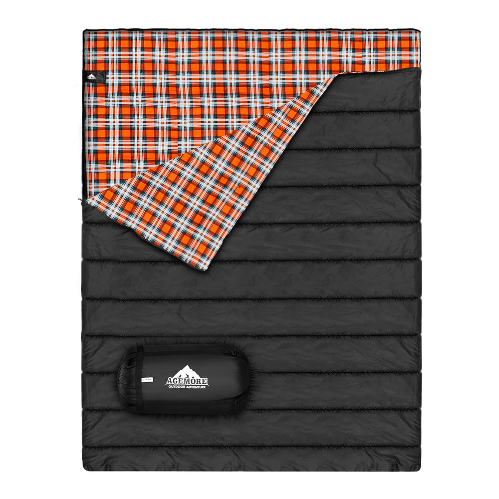 AGEMORE cotton flannel double sleeping bag closed for compact transport and cozy warmth