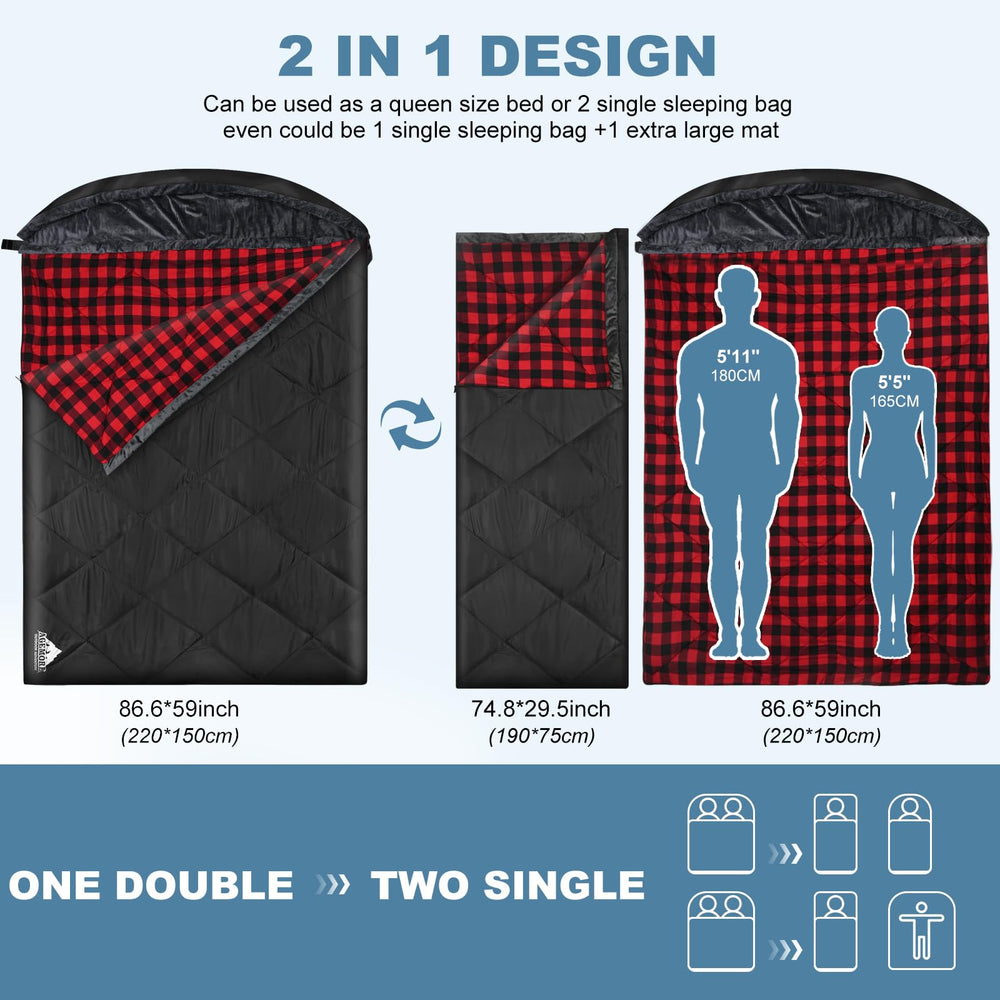 AGEMORE Cotton Flannel Double Sleeping Bag queen size offers roomy space for two