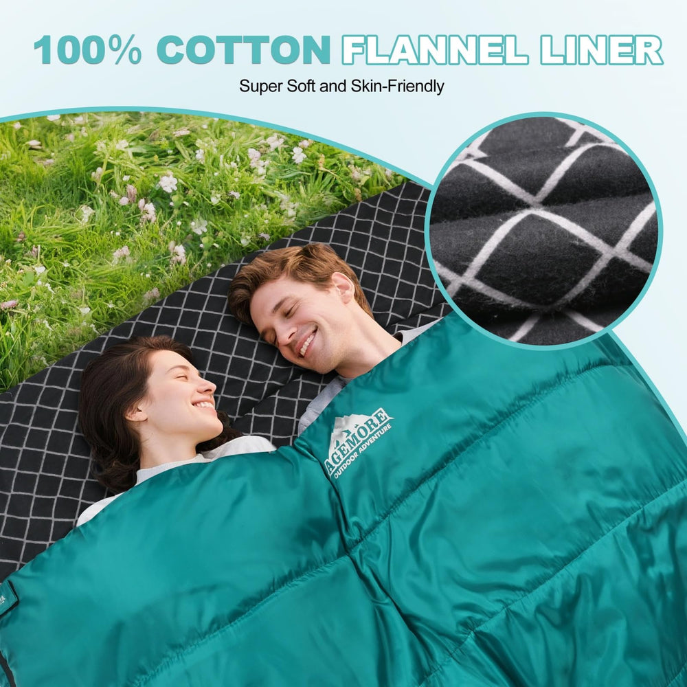 AGEMORE Cotton Flannel Double Sleeping Bag two-person setup in campsite