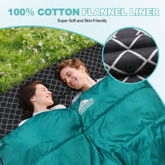 AGEMORE Cotton Flannel Double Sleeping Bag two-person setup in campsite