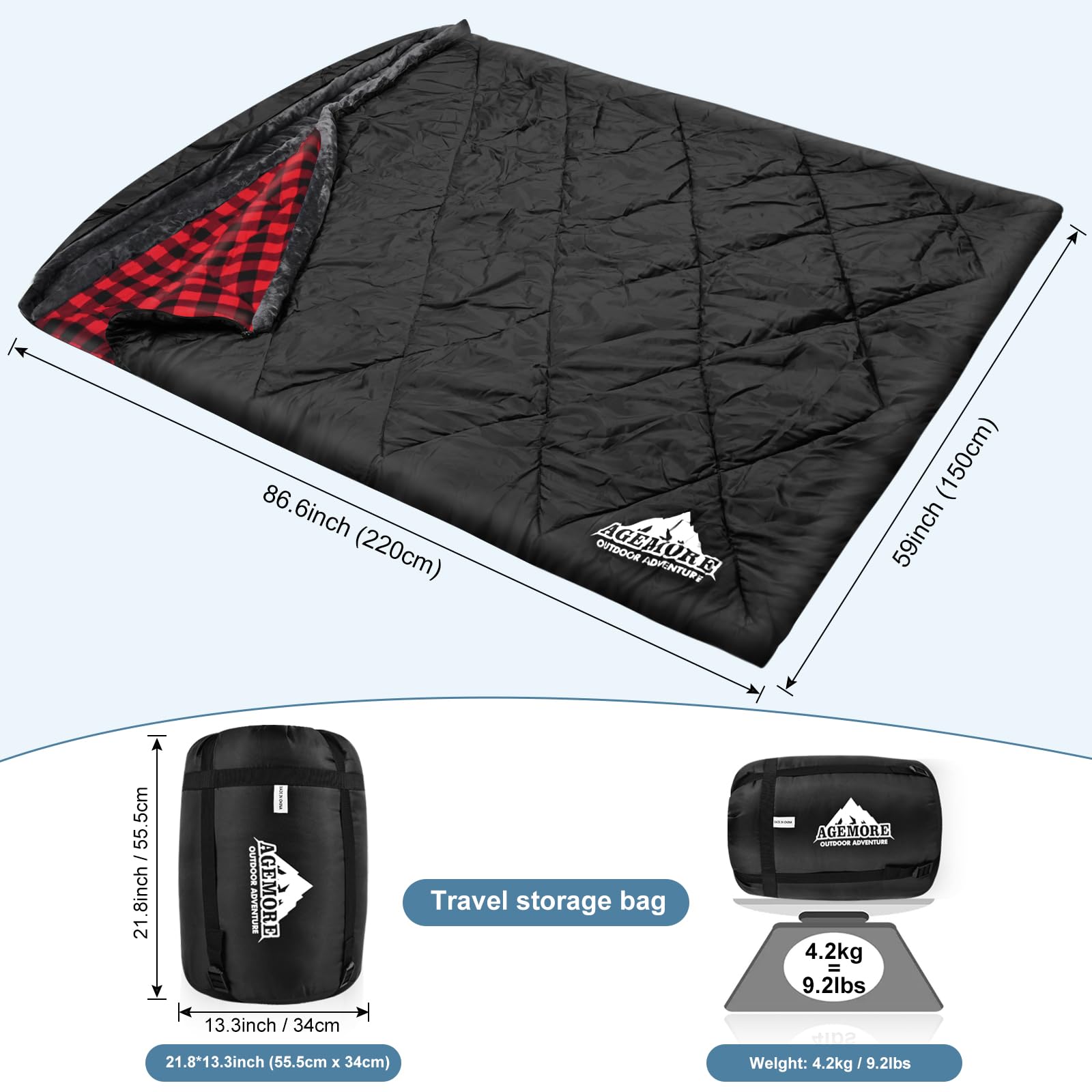AGEMORE Cotton Flannel Double Sleeping Bag waterproof shell protects against damp