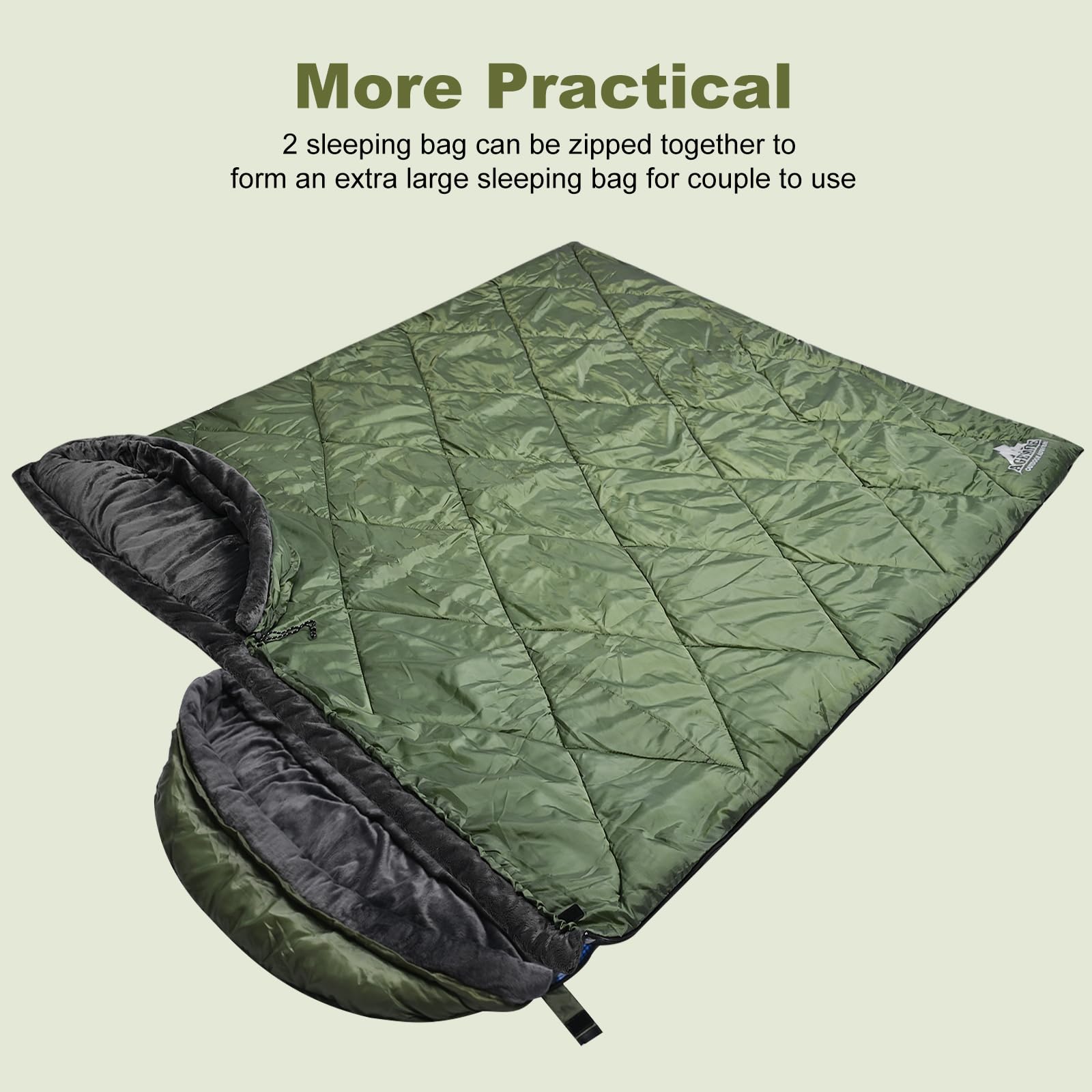 AGEMORE roomy sleeping bag fits adults up to six feet for comfortable sleep.