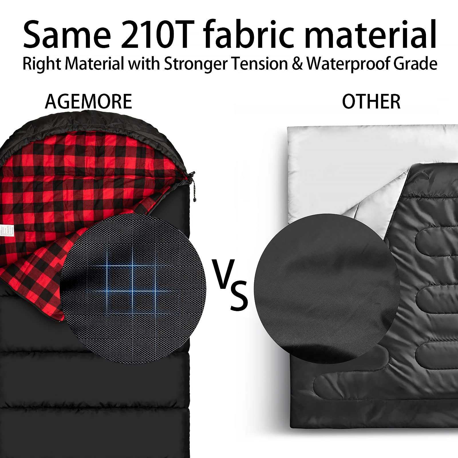 AGEMORE sleeping bag exterior shows 210T water-resistant fabric for dampness protection