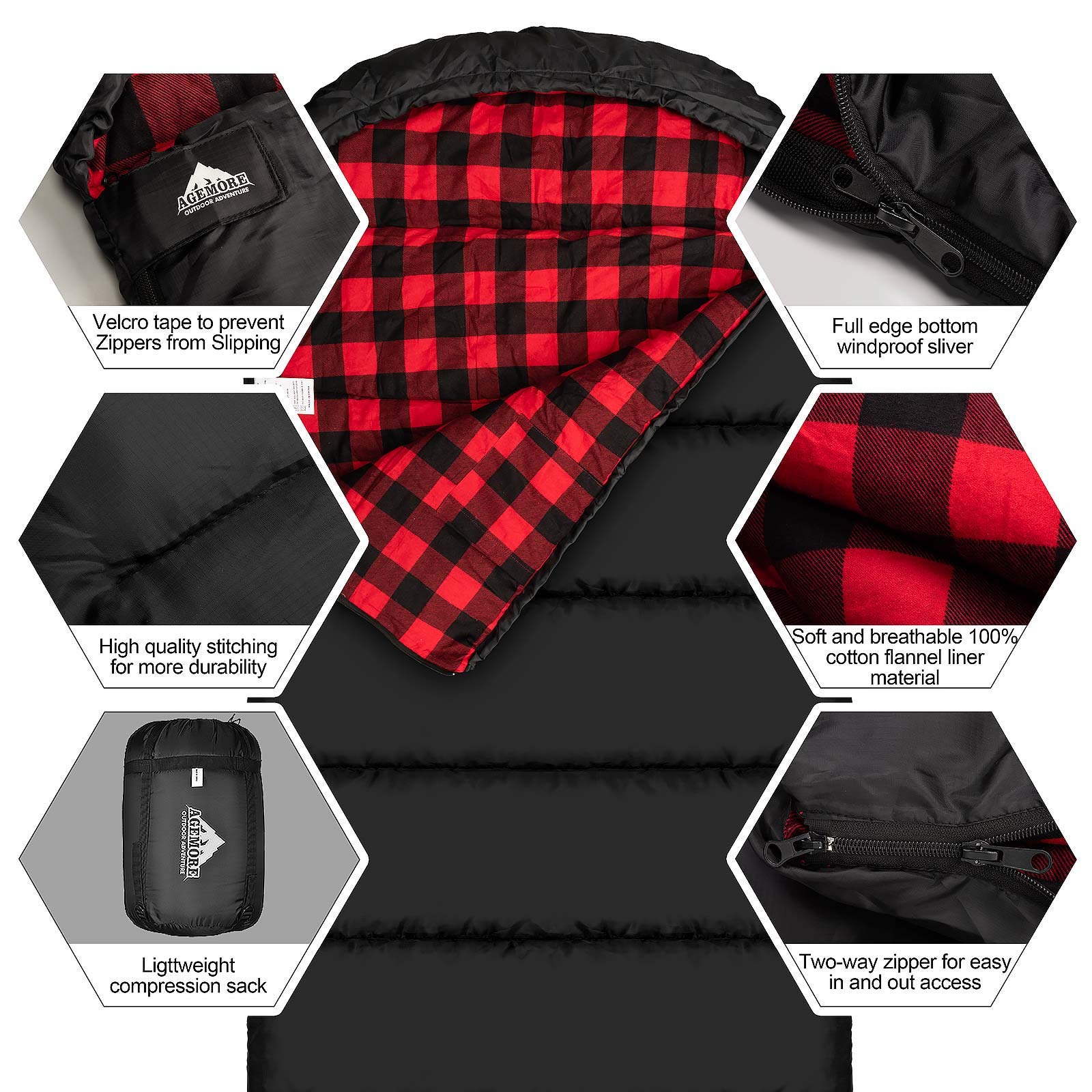 AGEMORE XL sleeping bag with 90.6 by 35.4 inches dimensions for roomy comfort