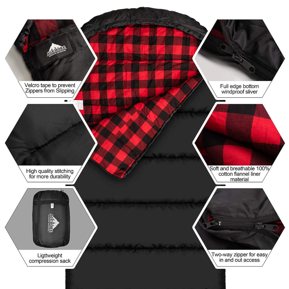 AGEMORE XL sleeping bag with 90.6 by 35.4 inches dimensions for roomy comfort