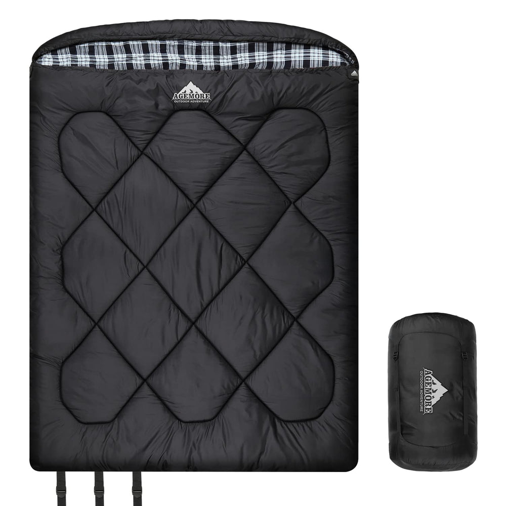 AGEMORE double sleeping bag with cotton flannel lining close-up showing plush warmth