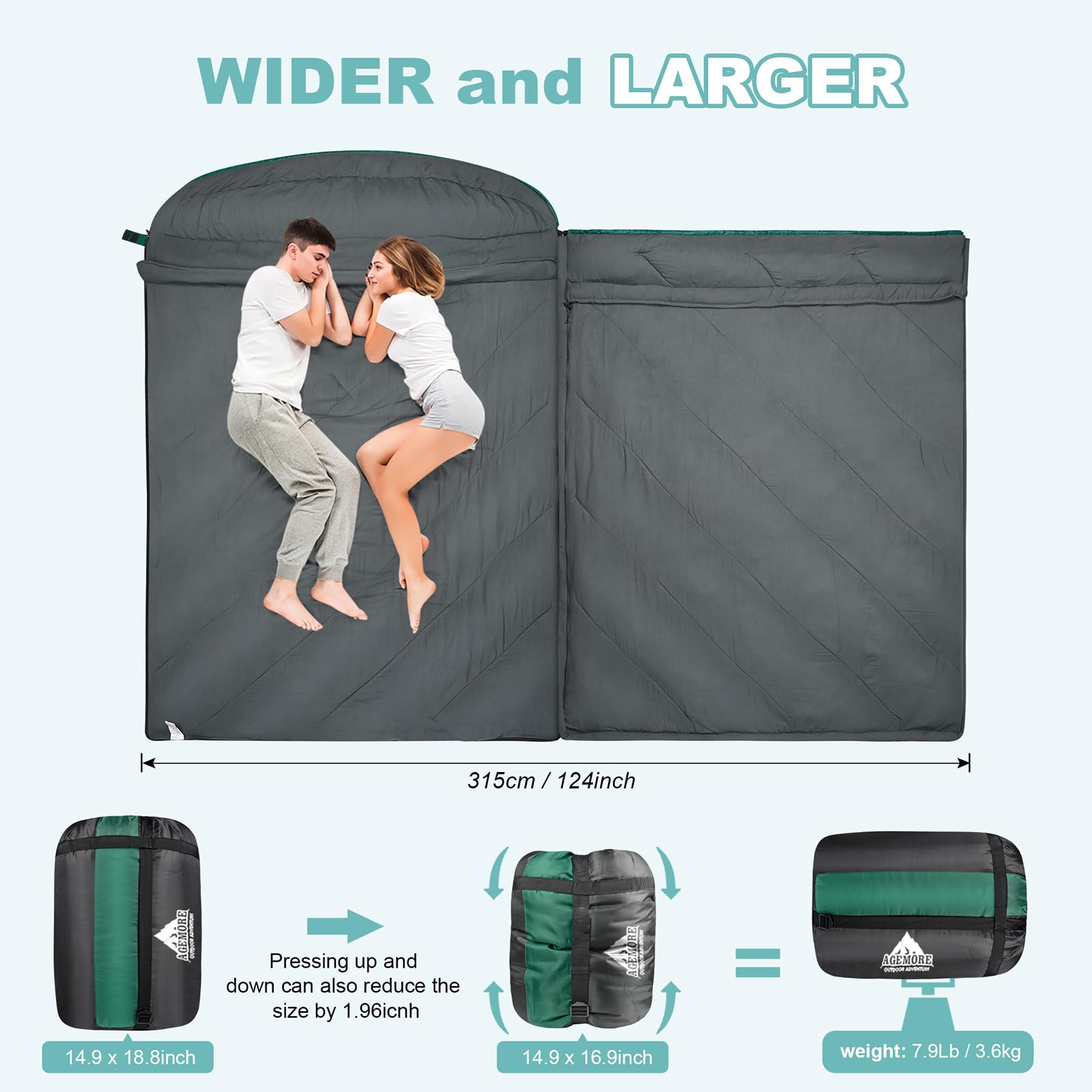 AGEMORE double sleeping bag space provides room to stretch and roll during chilly nights.
