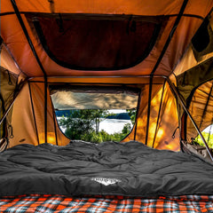 AGEMORE queen-size sleeping bag interior with two people inside illustrates generous width.