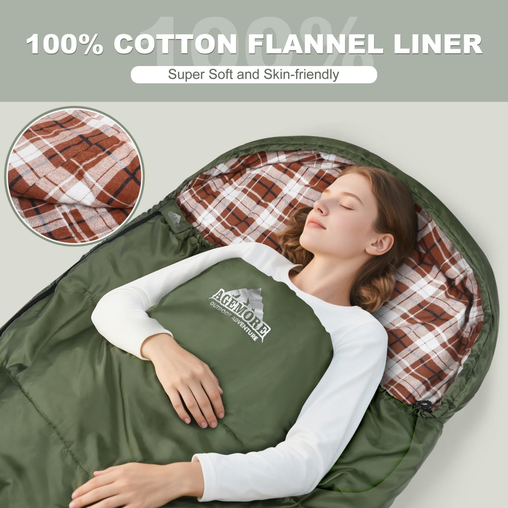 AGEMORE hooded sleeping bag design adding head warmth for cool evenings.