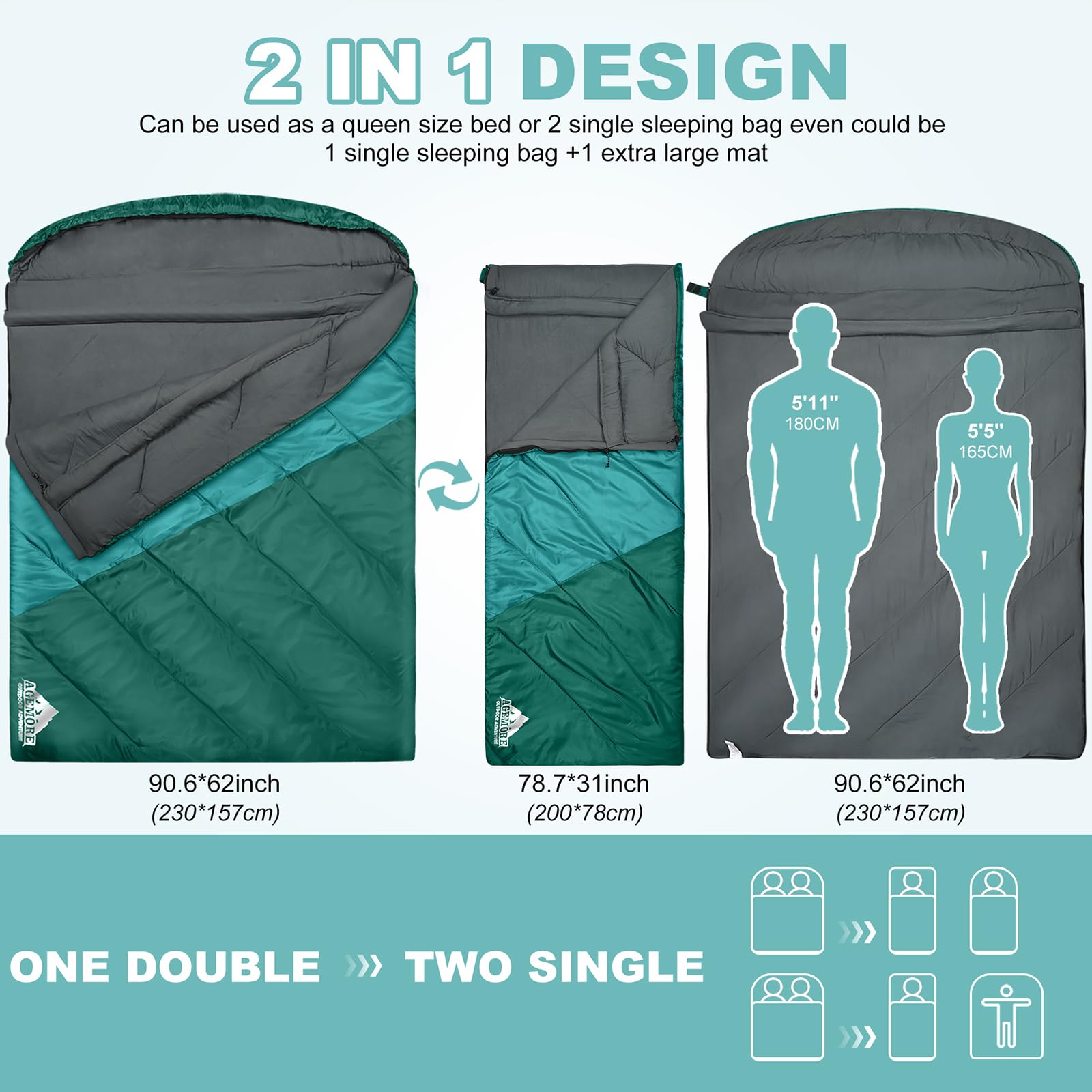 AGEMORE lightweight sleeping bag design makes it easy to carry on hikes and travels.