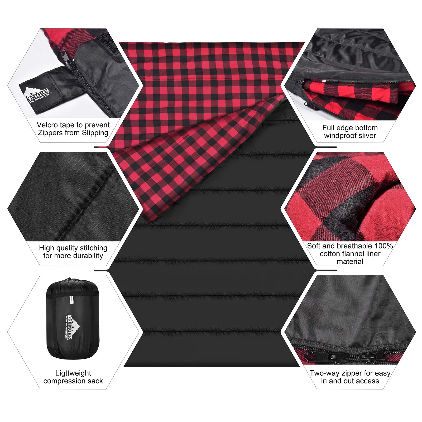 AGEMORE queen-size sleeping bag measures 59x86 inches for two