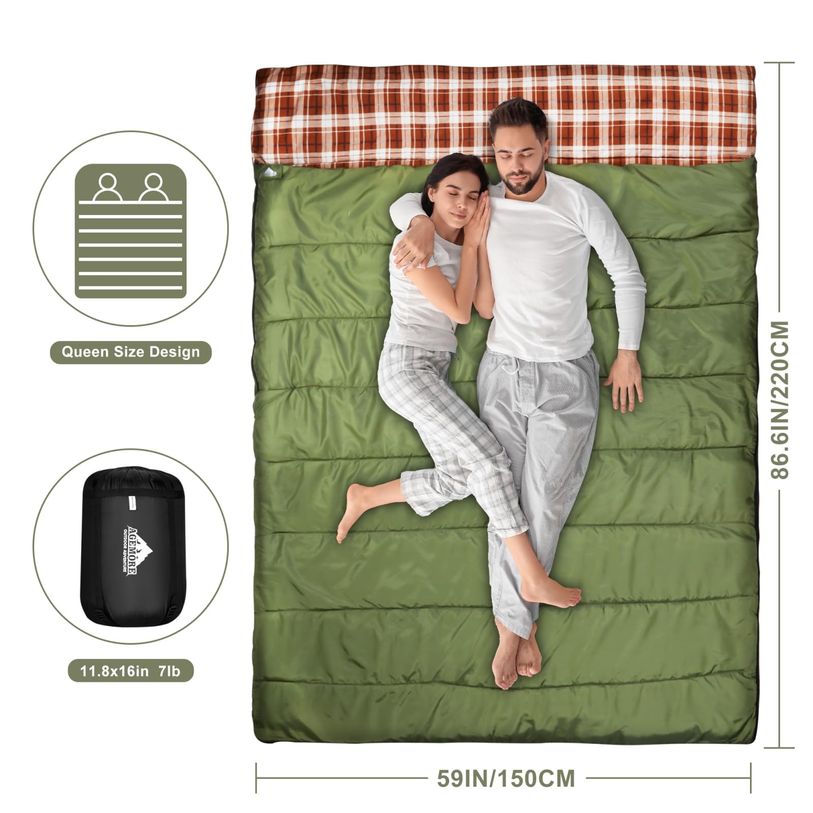 AGEMORE queen-size double sleeping bag provides ample space for adults.