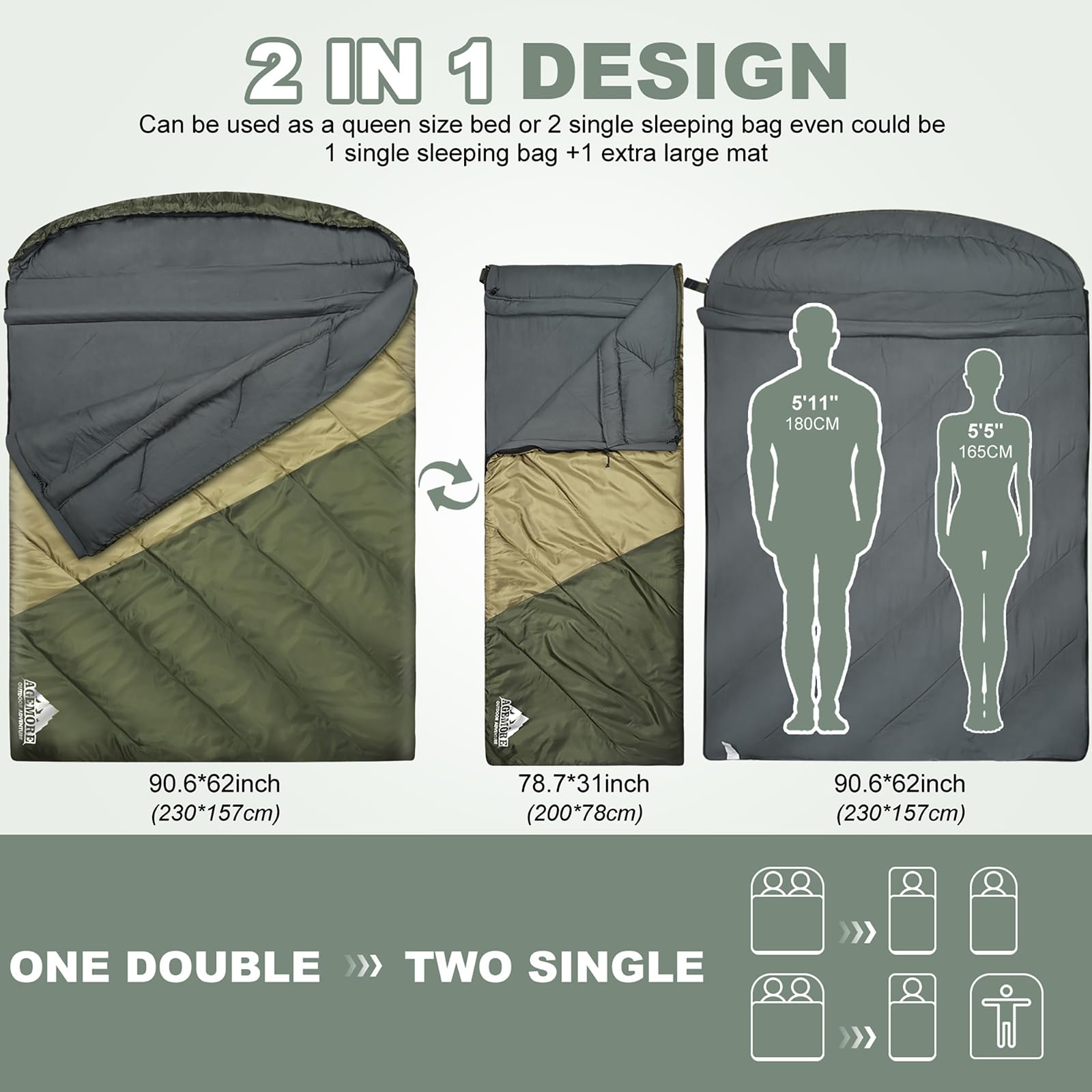AGEMORE queen-size sleeping bag dimensions offer roomy space for two campers