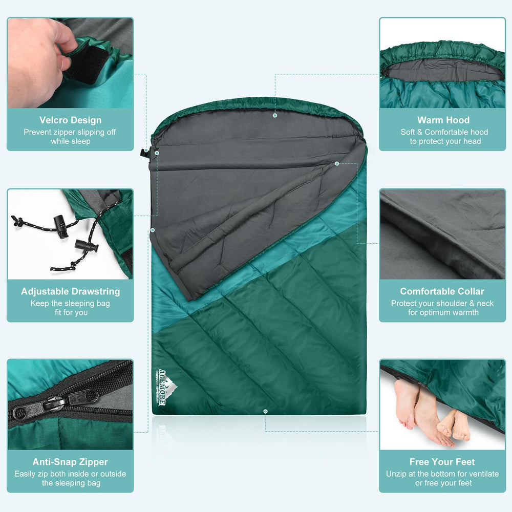 AGEMORE sleeping bag 210T shell protects against dampness and cold for reliable outdoor comfort.
