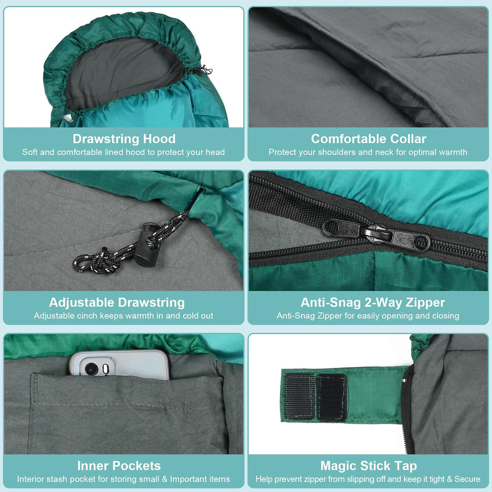 AGEMORE sleeping bag mummy-hood provides full-coverage warmth for cool outdoor nights.