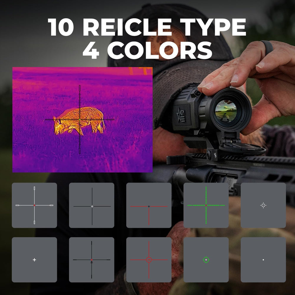Ten reticle options image hints at versatile aiming choices for different scenarios.