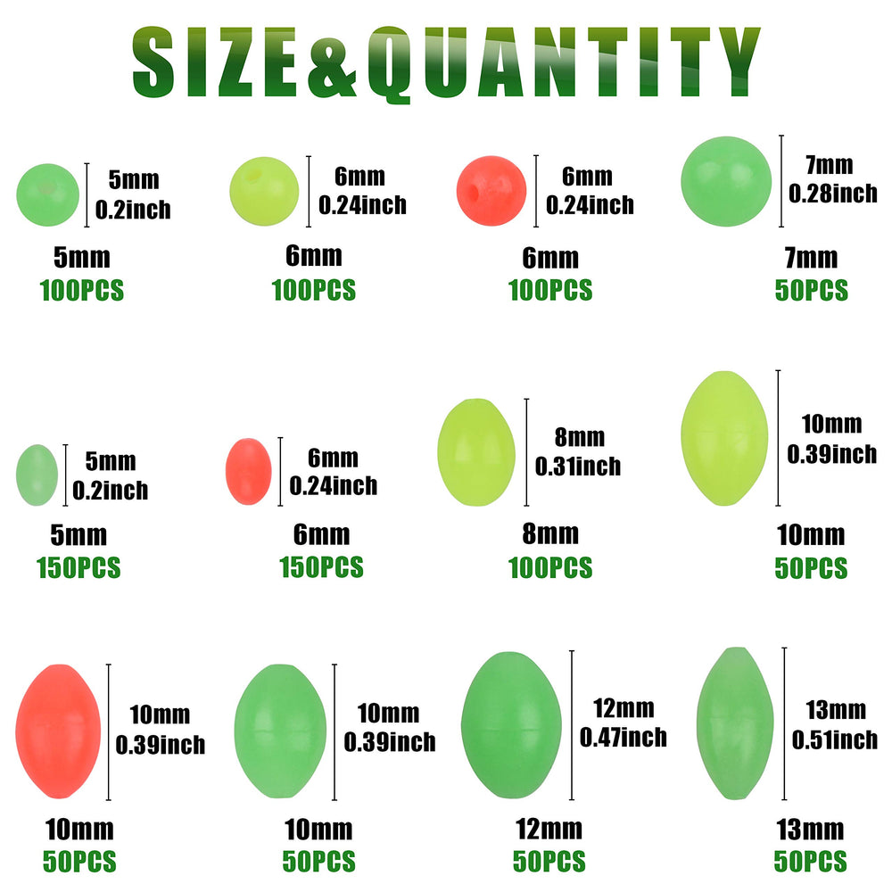 9 sizes included in the AGOOL glow bead kit