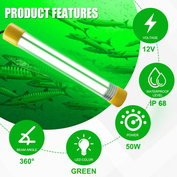 AGOOL 50W green underwater light with six-sided LEDs provides wide coverage.