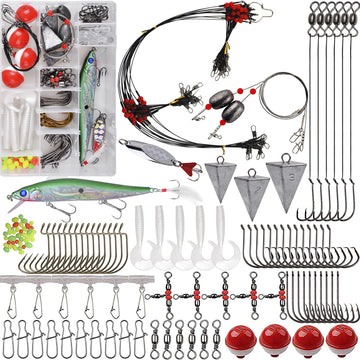 AGOOL saltwater fishing kit contents show diverse lures and rigs for beach and pier fishing.