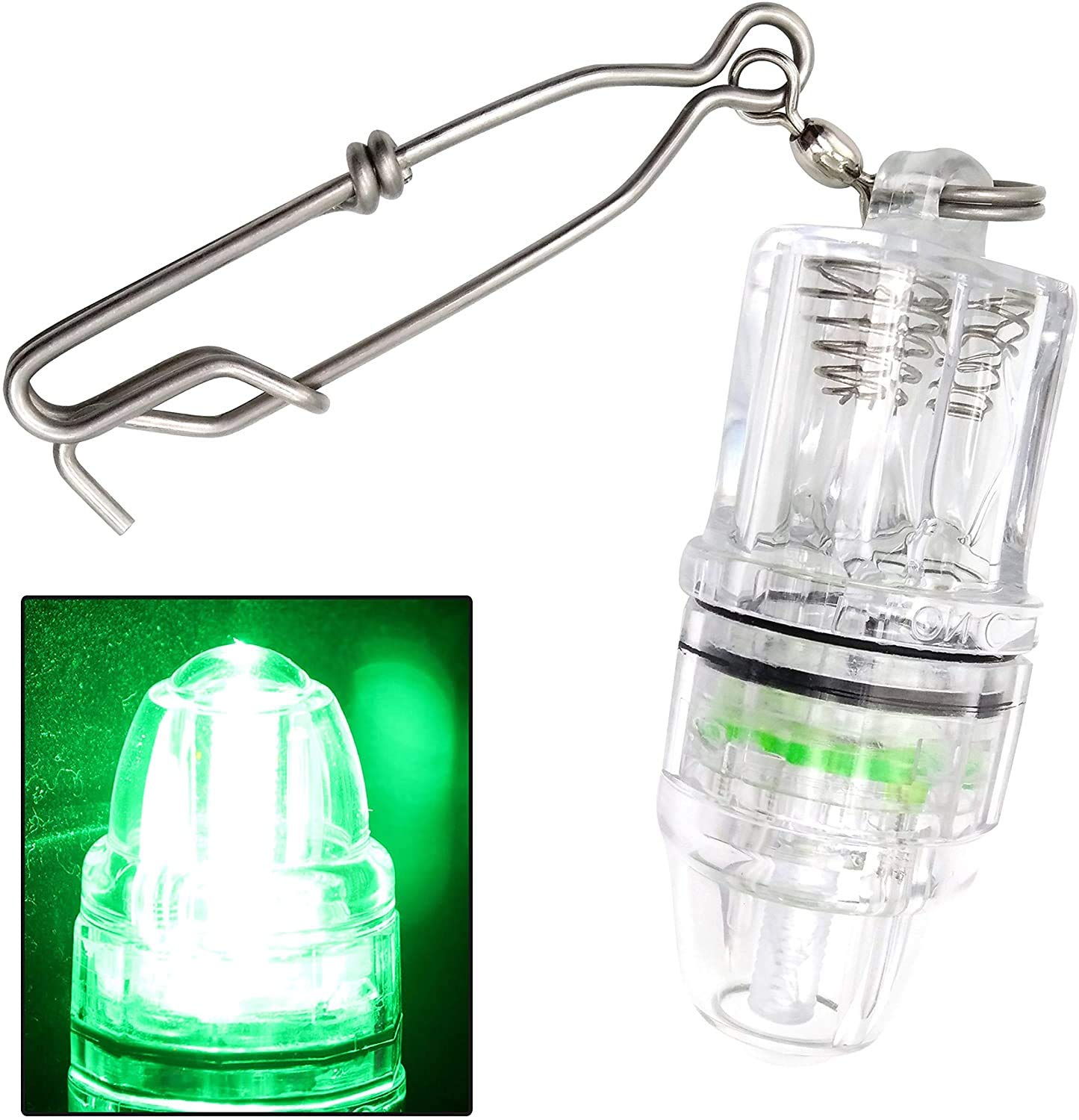 AGOOL 2-pack underwater fishing light with green LED and stainless steel clip, front view