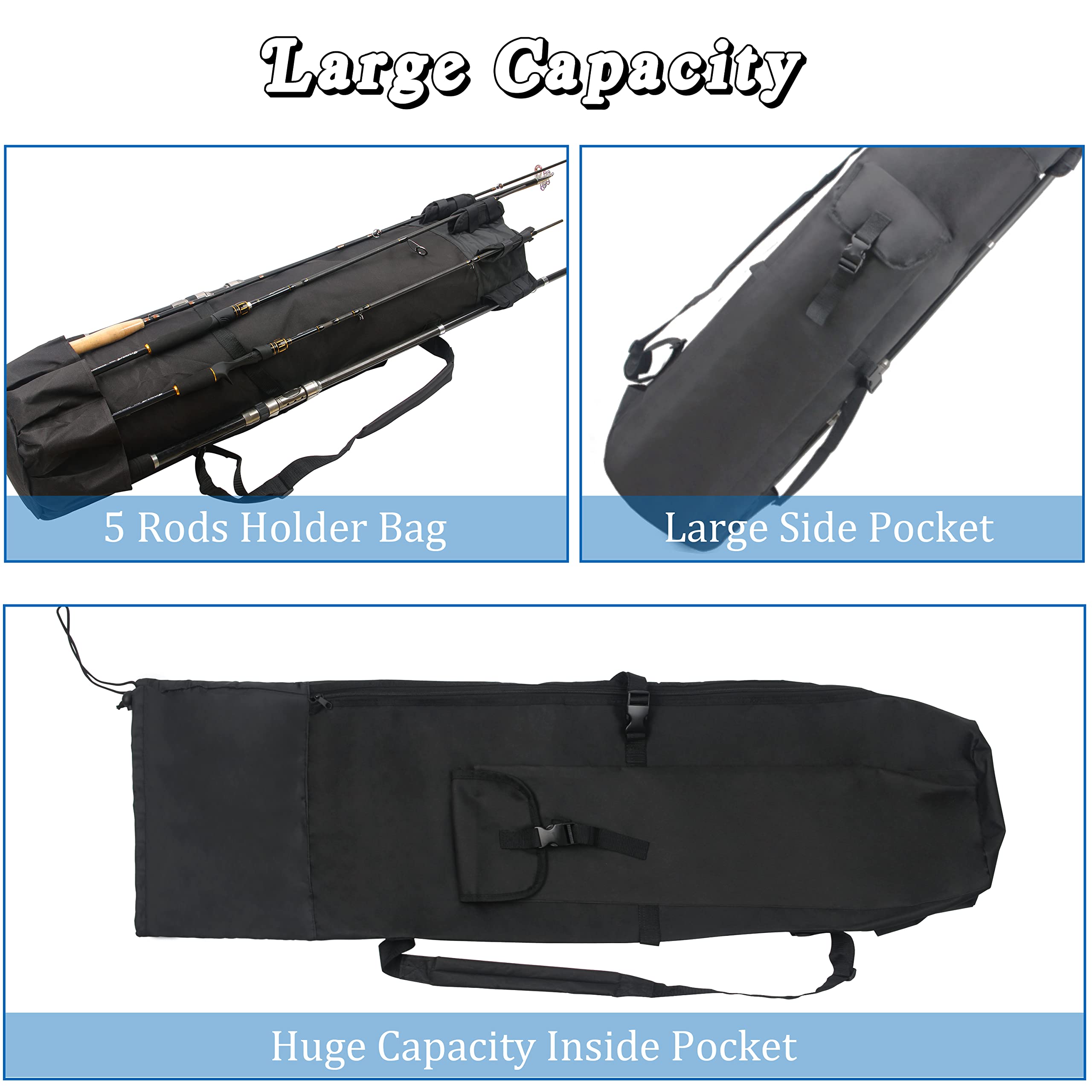 Interior dimensions 48" L x 14" D with side pocket for tackle