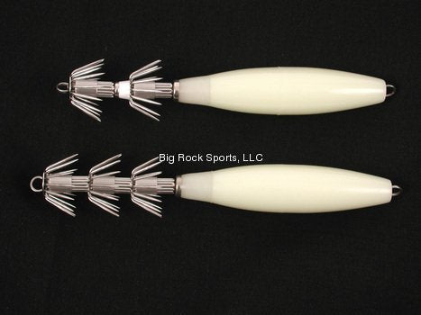AHI USA 7.5 inch luminous squid jig with two hooks for versatile rigging and glow attraction.