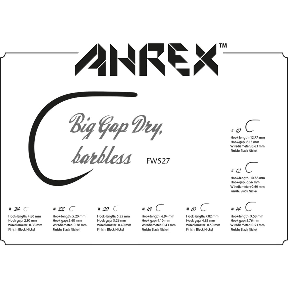 Ahrex FW527 big gap dry fly hook with short shank and barbless design for easy handling.