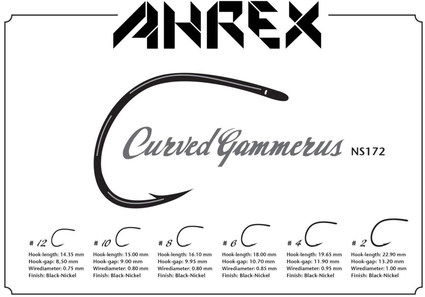 Ahrex Nordic Salt Curved Gammerus Hook close-up showing large gape and black nickel finish
