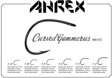 Ahrex Nordic Salt Curved Gammerus Hook close-up showing large gape and black nickel finish