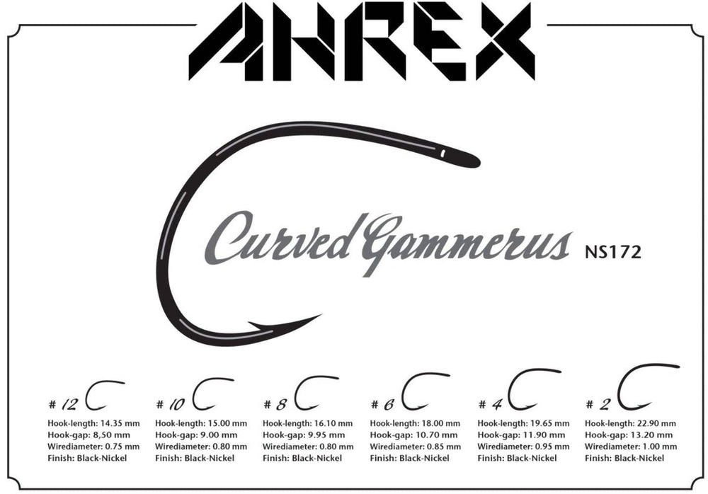 Ahrex Nordic Salt Curved Gammerus Hook close-up showing large gape and black nickel finish