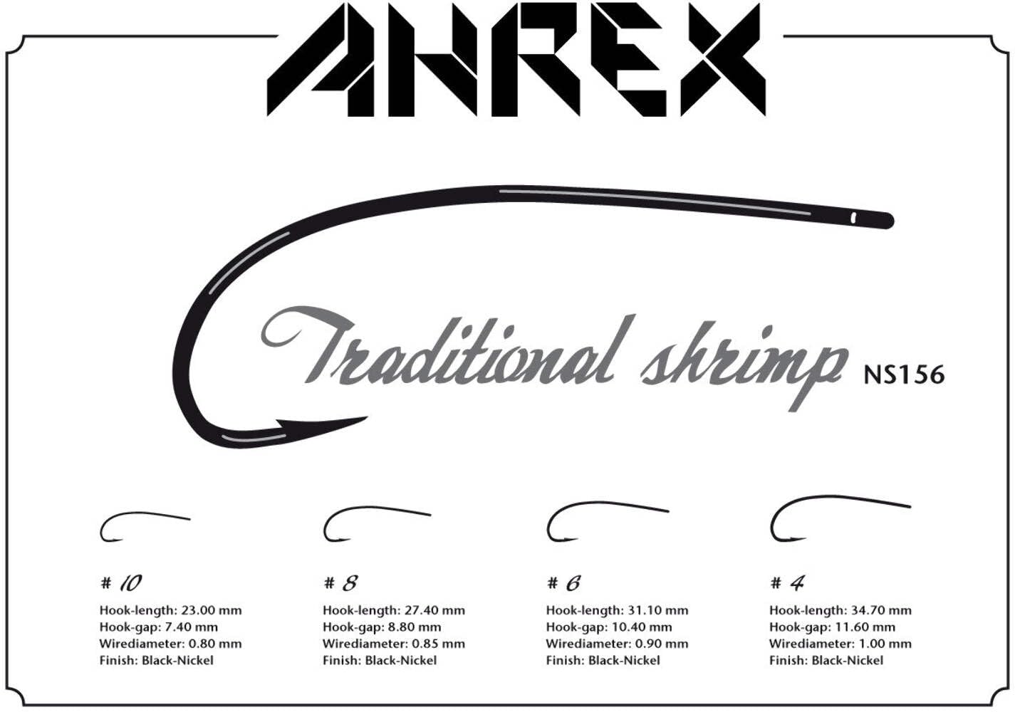 Ahrex NS156 Nordic Salt upturned-point hook enhances hooking power on shrimp patterns.