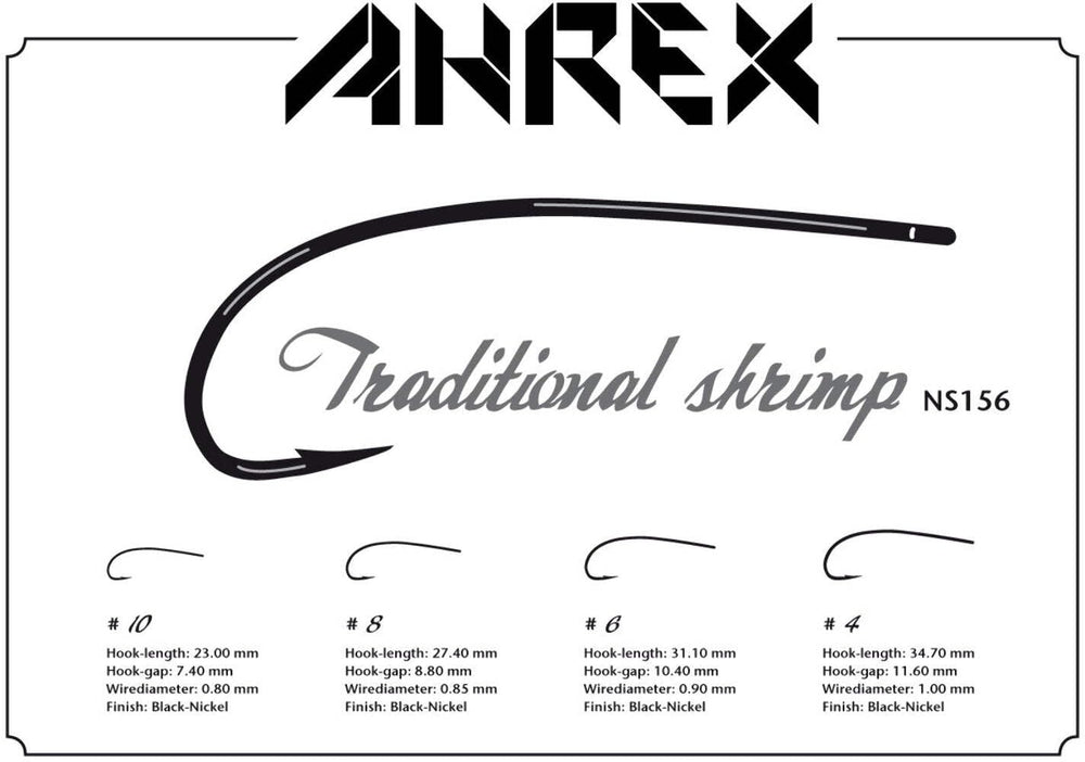 Ahrex NS156 Nordic Salt upturned-point hook enhances hooking power on shrimp patterns.