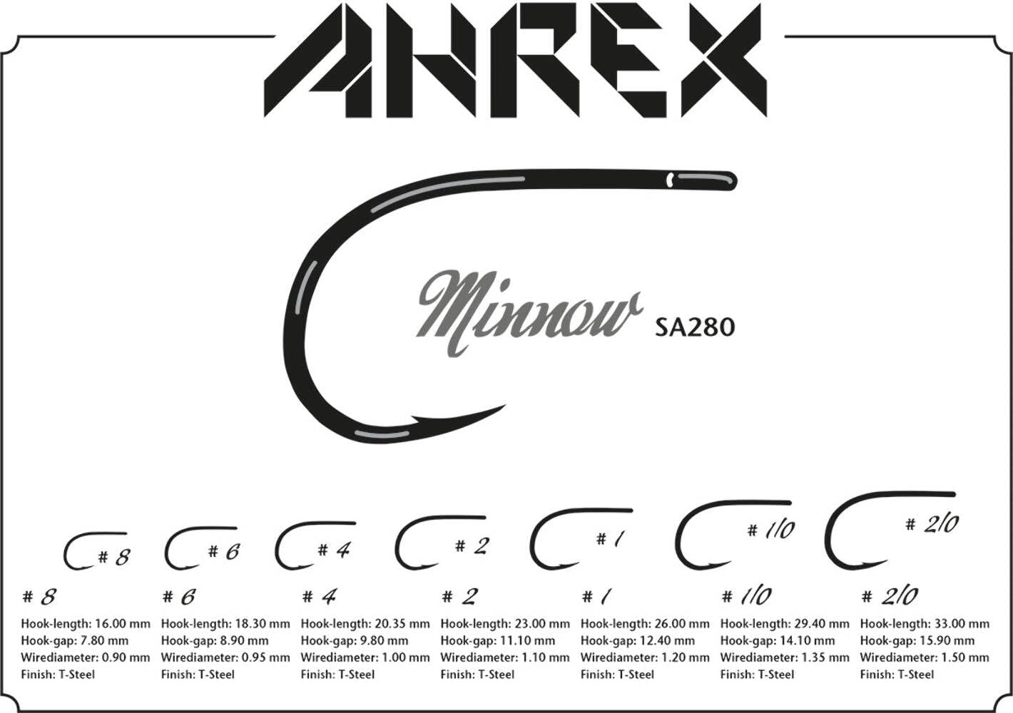 Ahrex SA280 saltwater minnow hook size range 2/0–10 for baitfish presentations.