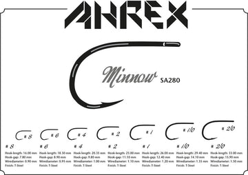 Ahrex SA280 saltwater minnow hook size range 2/0–10 for baitfish presentations.