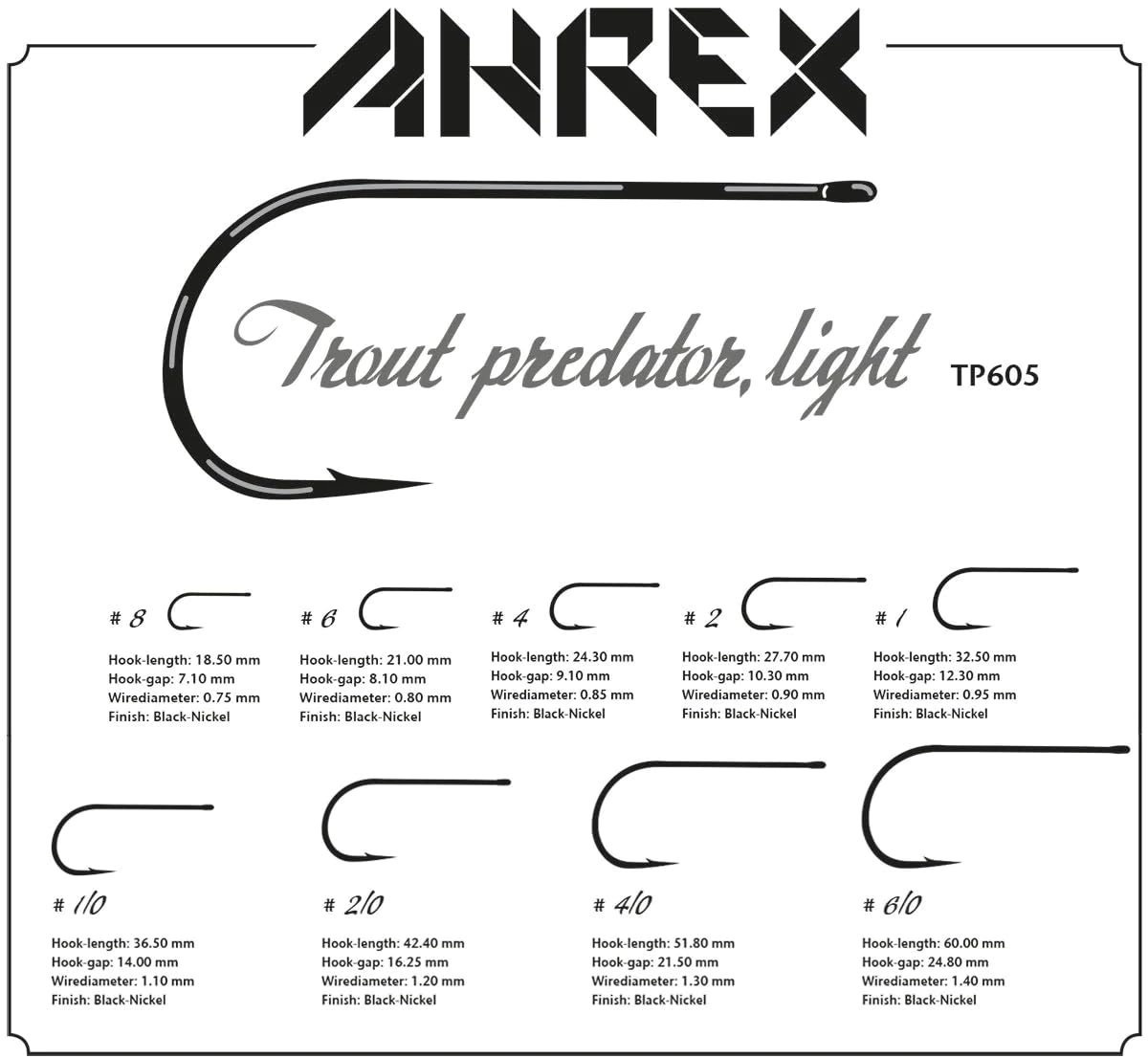 Ahrex TP605 hook side profile, showing thin wire for delicate casts and strong hookups.