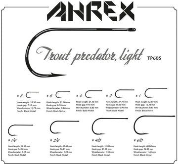 Ahrex TP605 hook side profile, showing thin wire for delicate casts and strong hookups.