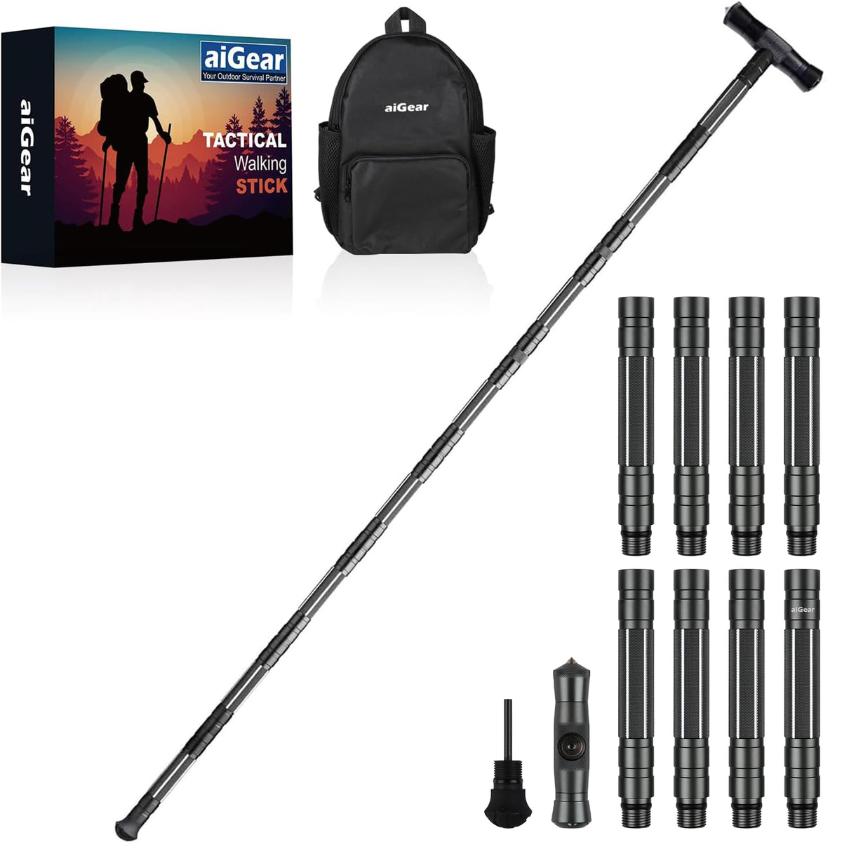 aiGear G2 Tactical Stick extended for rugged trails and reliable trekking support.