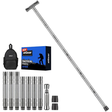 aiGear Tactical Hiking Staff front view highlighting durable aluminum build for rugged treks.