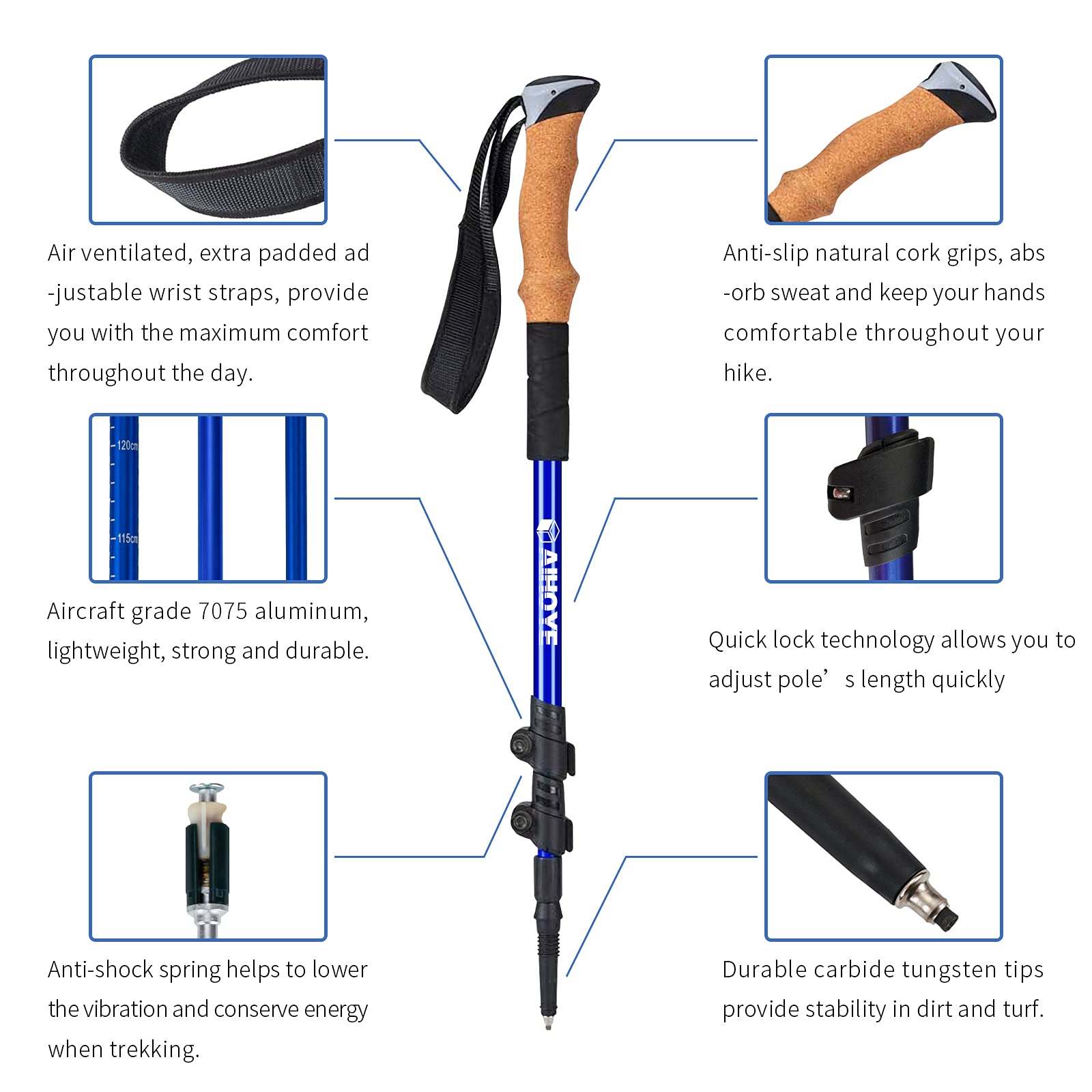 Aihoye Trekking Poles shock absorber reduces wrist stress on rocky trails.