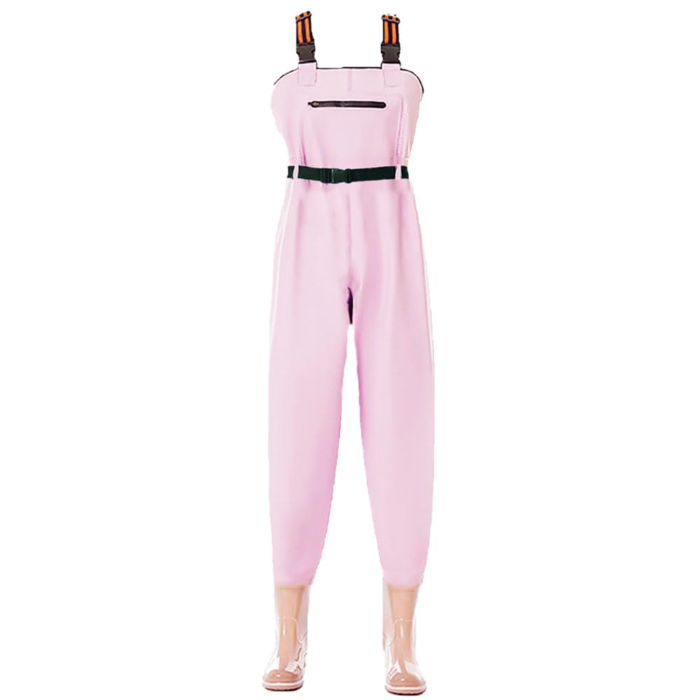 Aikelai PVC insulated chest waders in pink full view for waterproof protection.