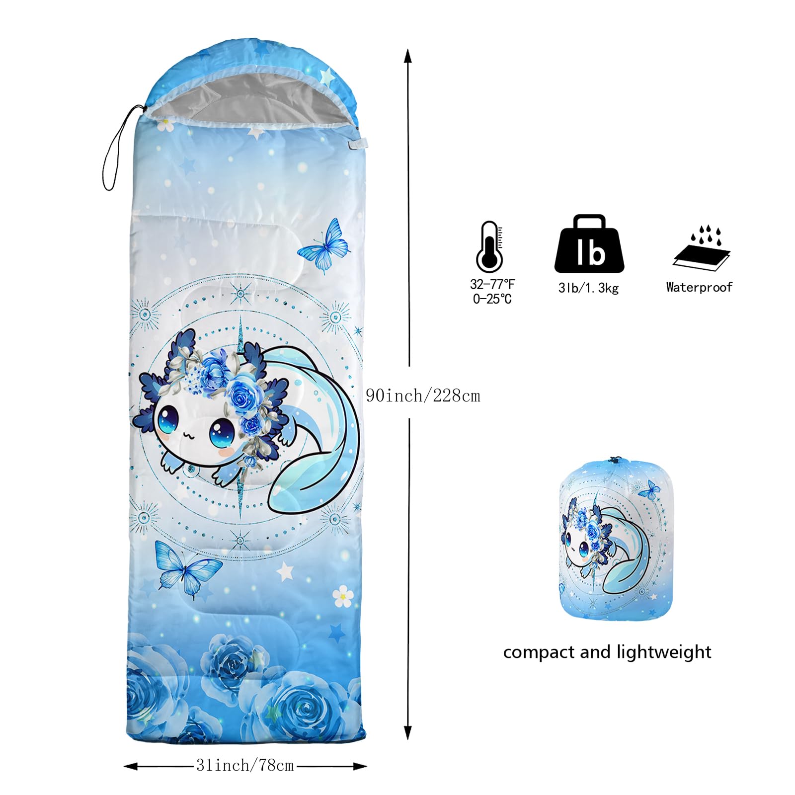 AILONEN Kawaii Aoloxal sleeping bag waterproof outer fabric keeps you dry during rain.