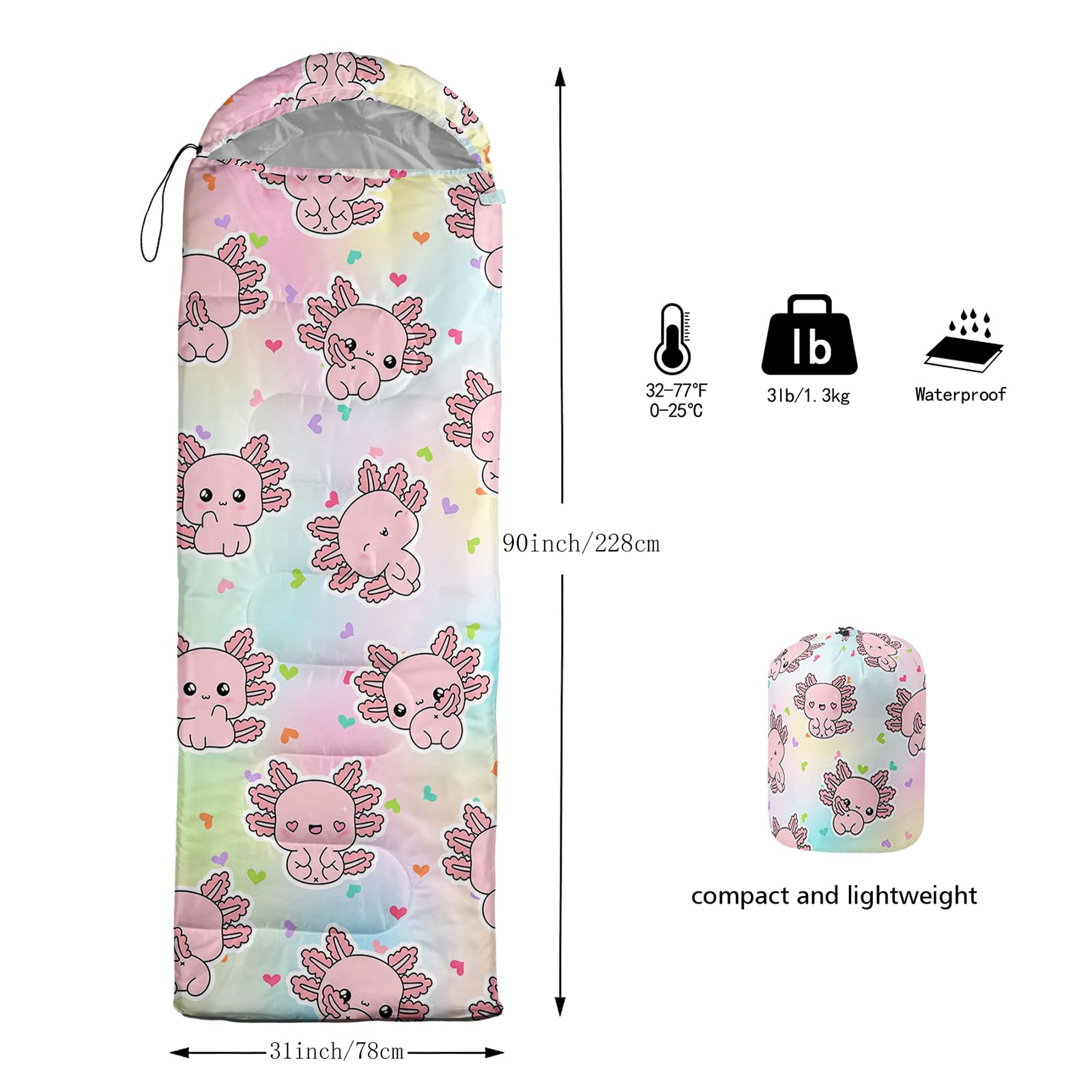 AILONEN axolotl sleeping bag 3D print design stands out with vibrant colors in daylight.