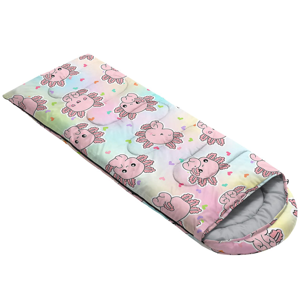 AILONEN axolotl sleeping bag dimensions 31W x 90L ensure roomy comfort.