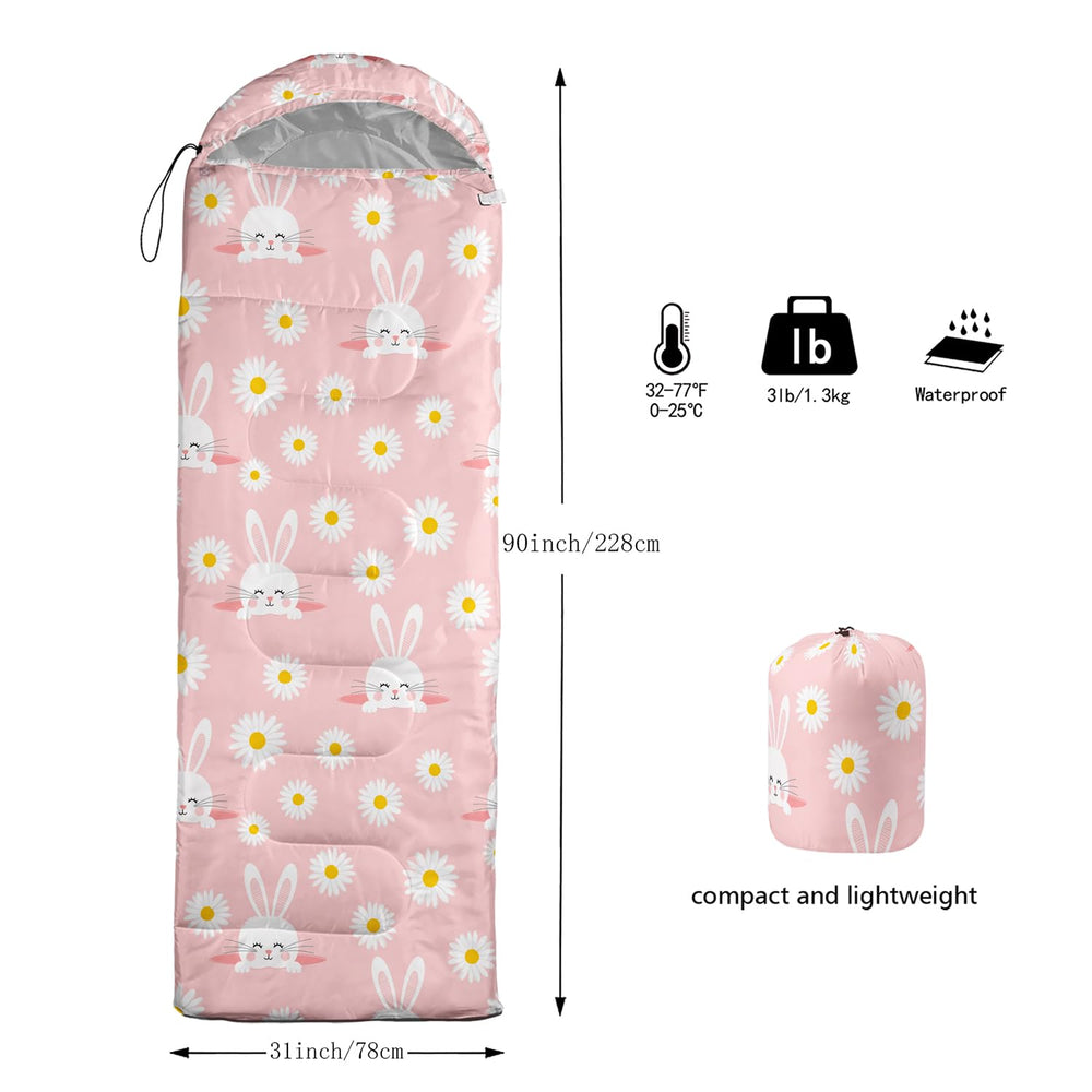 AILONEN Bunny pink slumber bag open shows roomy interior for kids.