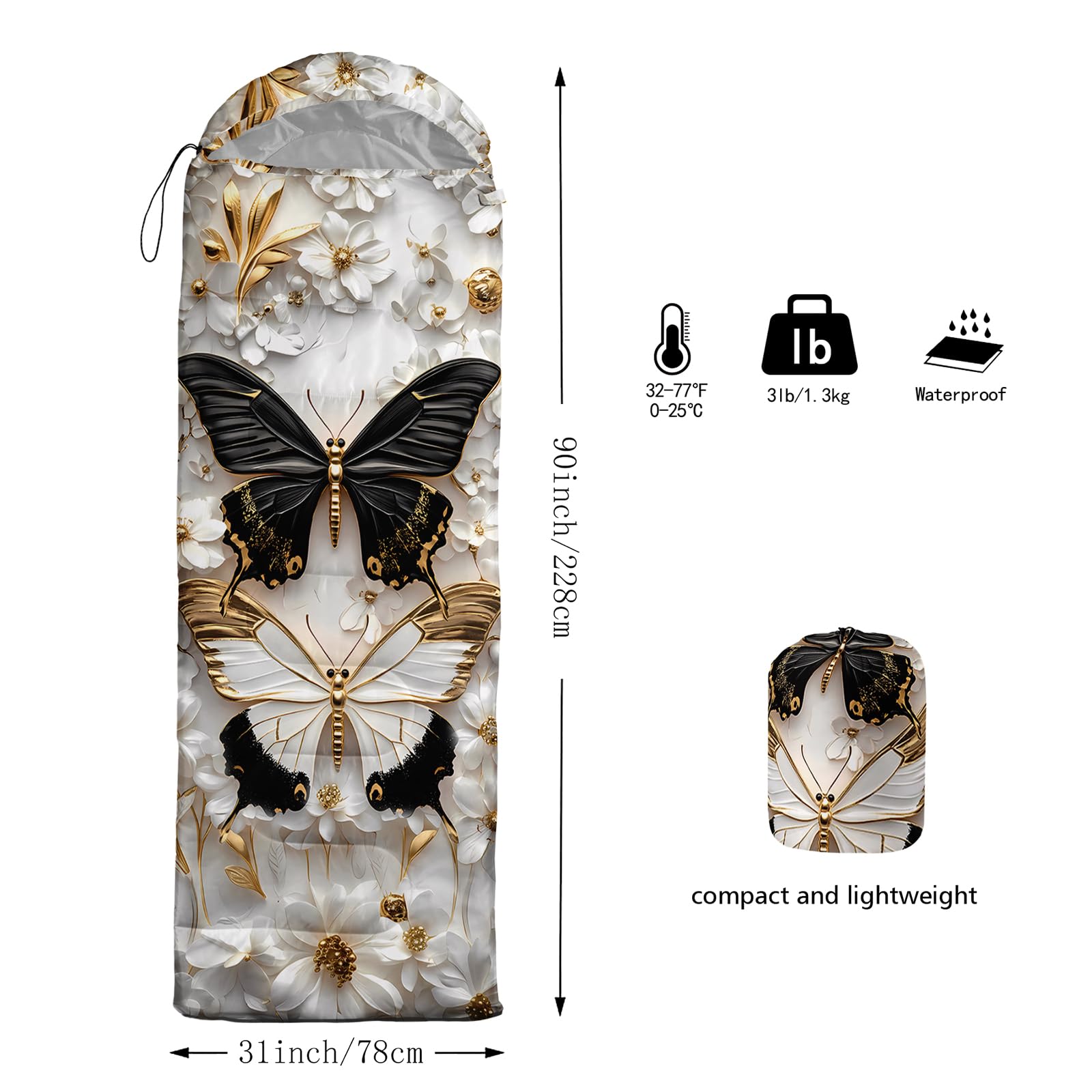 AILONEN butterfly sleeping bag compact pack size fits backpack or car trunk securely.